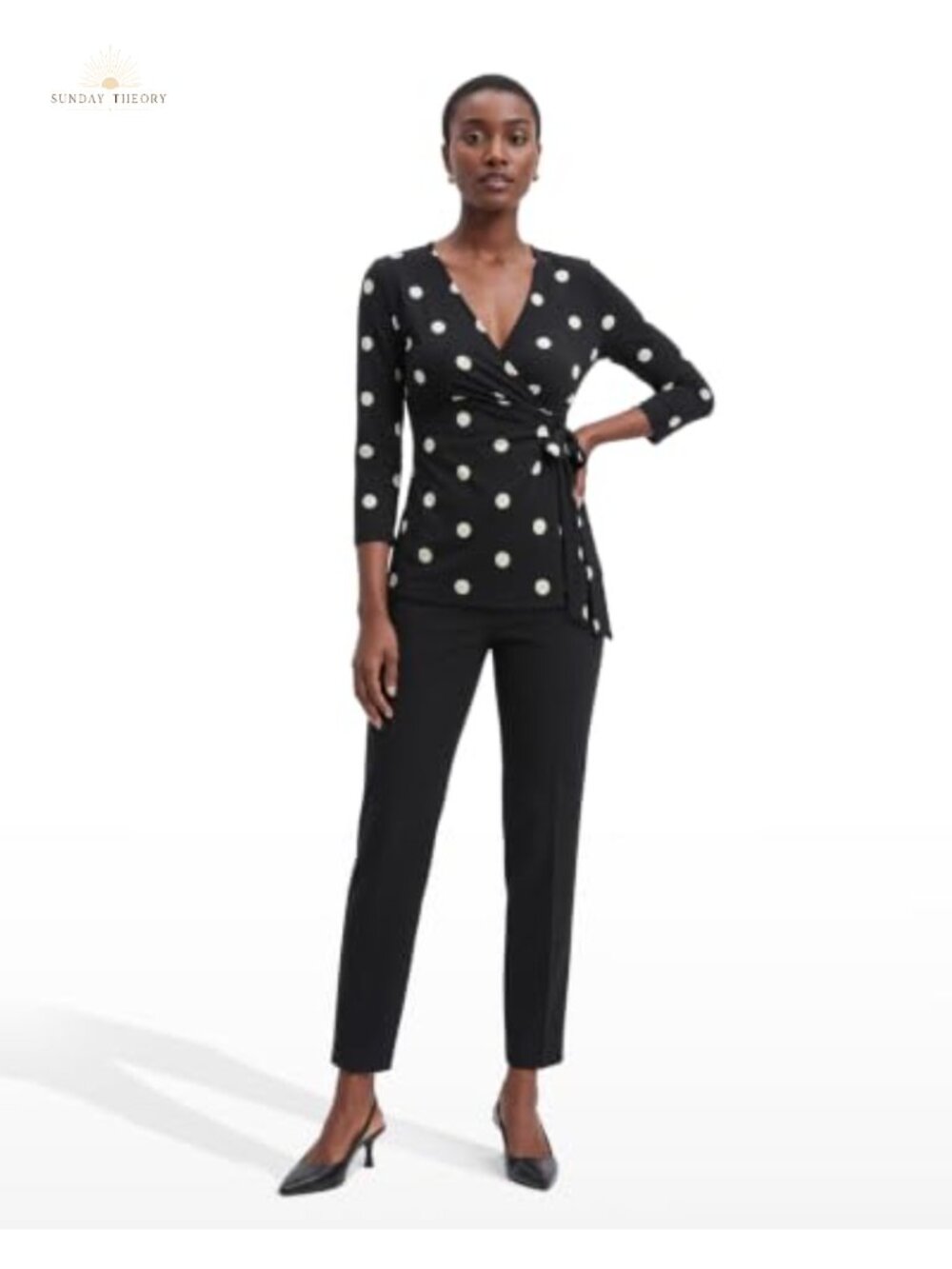 Faux Wrap V-Neck Blouse 3/4 Sleeve Polka Dot Women's Top - Picture 2 of 2